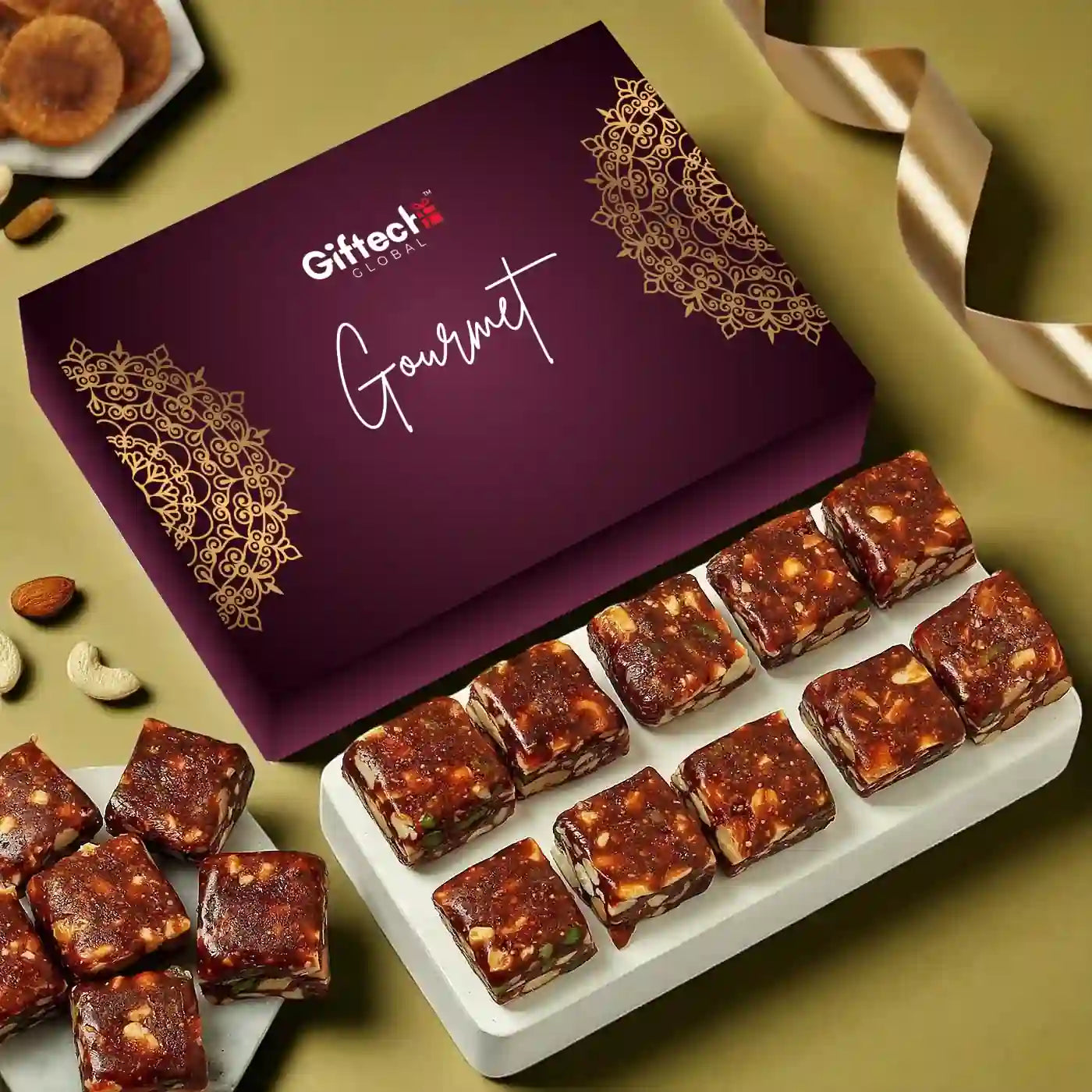 Giftech Dubai gourmet chocolate box with assorted chocolates on a green background
