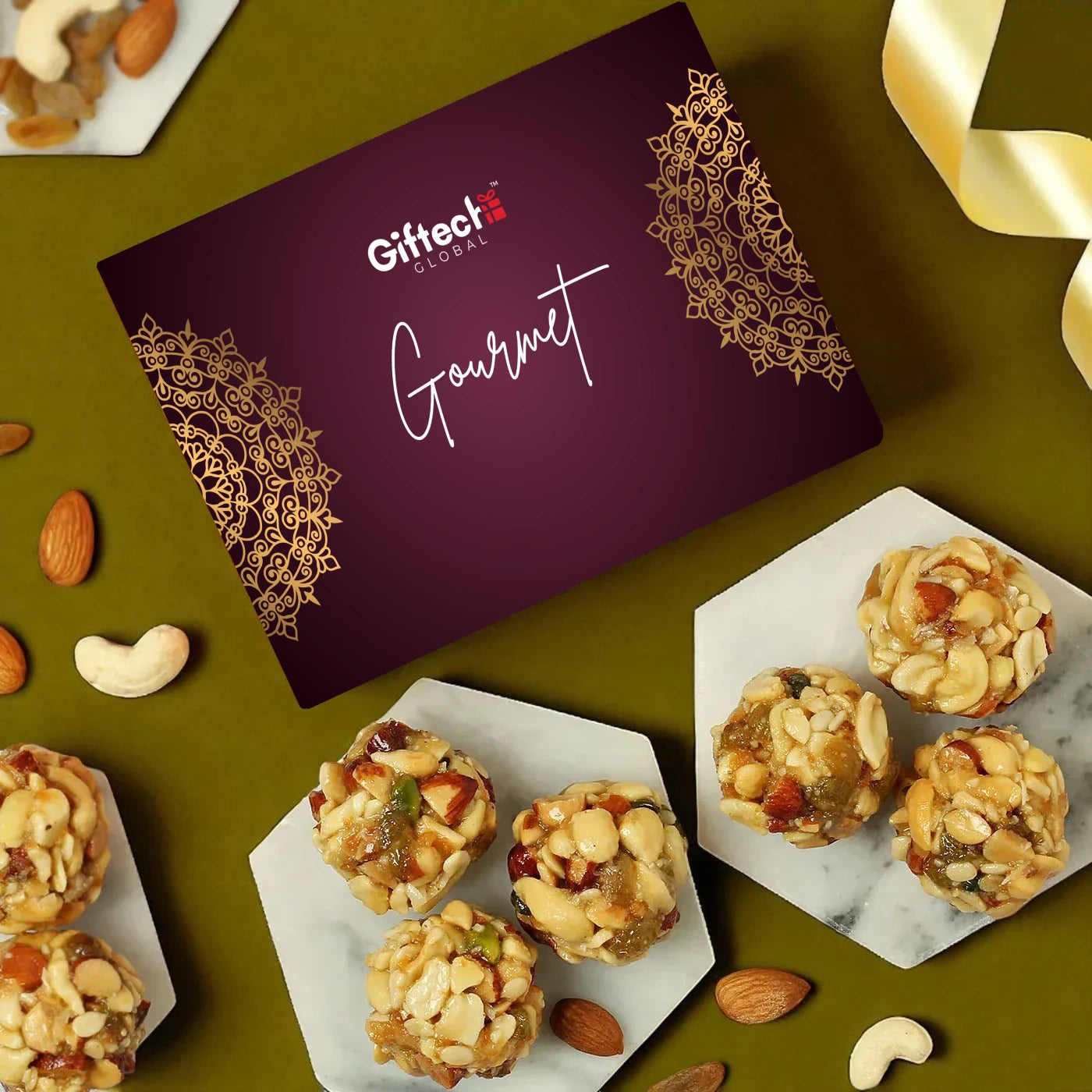 Gifteeh gourmet gift box with assorted nut cookies on a green background
