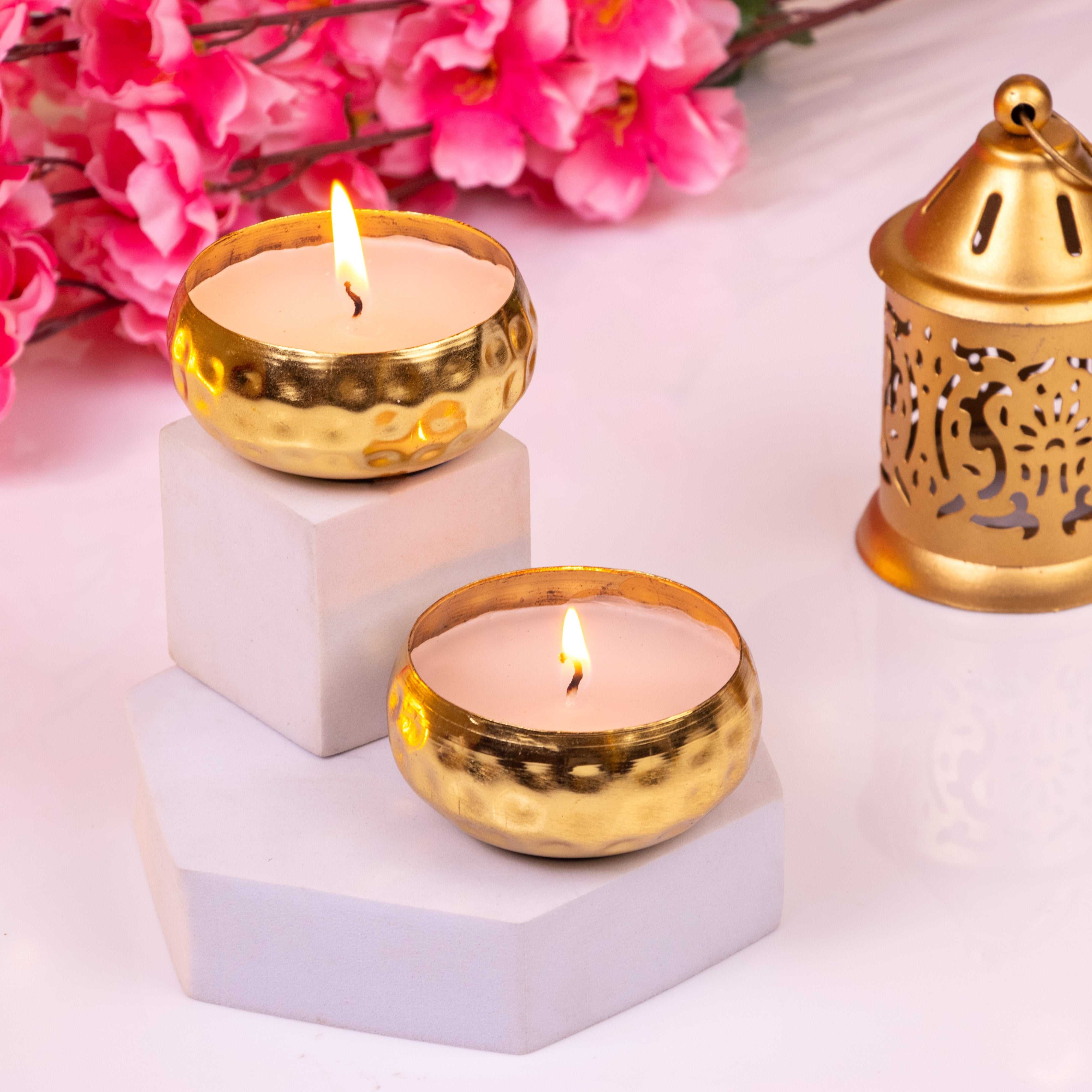 Elegant hammered metal diya set with intricate texture, perfect for Diwali lighting and festive gift sets