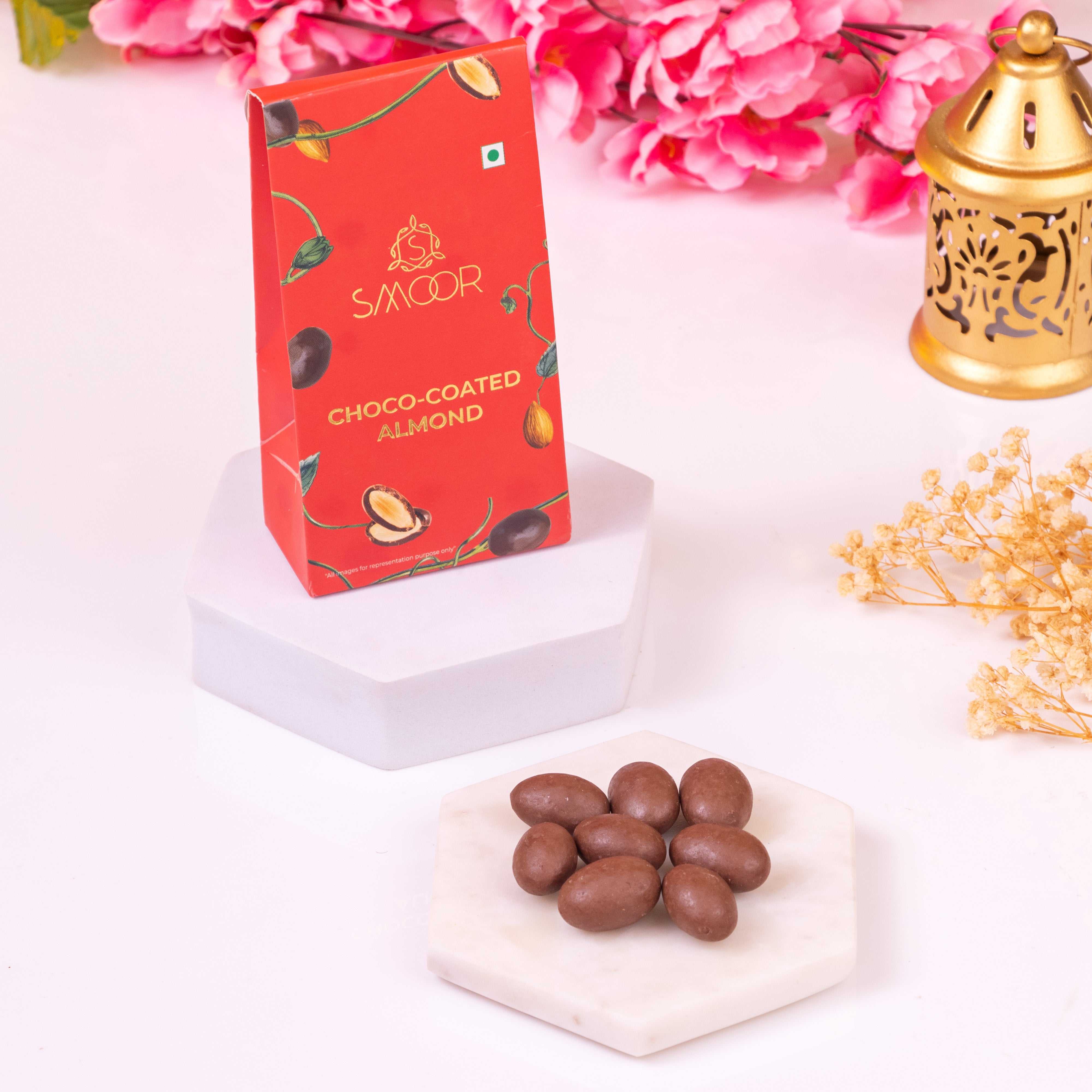 Choco coated Almond 65g pack featuring crunchy almonds coated in smooth chocolate, perfect delicious snack and gift option.