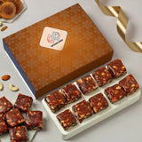 Box of brownies with a decorative box and 'Upload Long' label on a light gray background