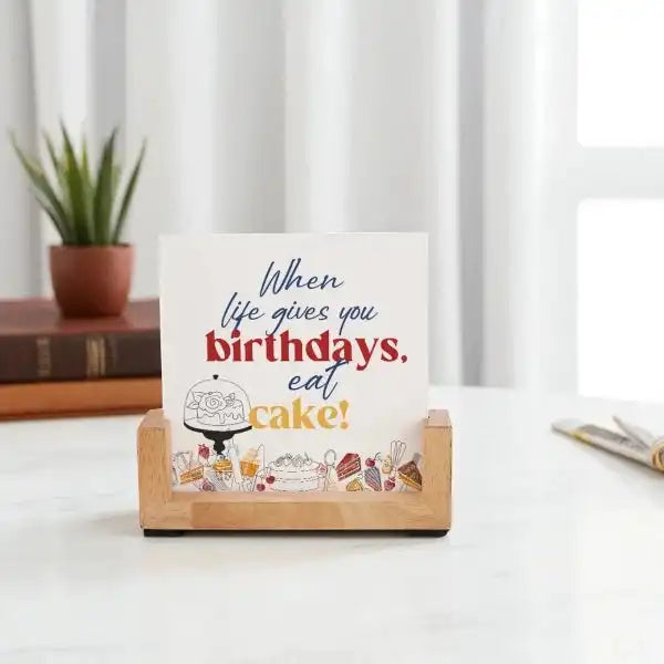 Birthday Joy Frame - Personalized Gift with colorful birthday cake quote in a wooden tabletop frame, great for cozy spaces or desks.