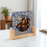 Personalized Birthday Frame - Photo Keepsake for Him with a circular photo slot and blue birthday-themed design, mounted on a wooden base.
