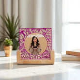 Pink Celebration Frame - Birthday Picture Frame with festive doodles and wooden stand, perfect for displaying party memories on desks or shelves.