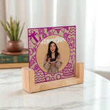 Personalized Pink Celebration Frame with birthday-themed graphics and wooden holder, great for showcasing joyful birthday moments at home.