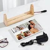Disassembled Forever Together LED Acrylic Frame showing wooden LED base, acrylic photo collage, and power adapter for easy setup and gifting.