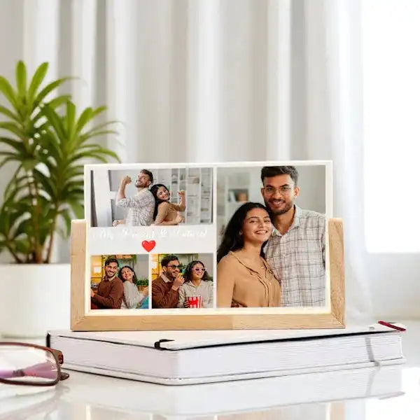 Forever Together Collage - LED Acrylic Frame with romantic couple photos on a wooden base, perfect for anniversary or wedding keepsakes.