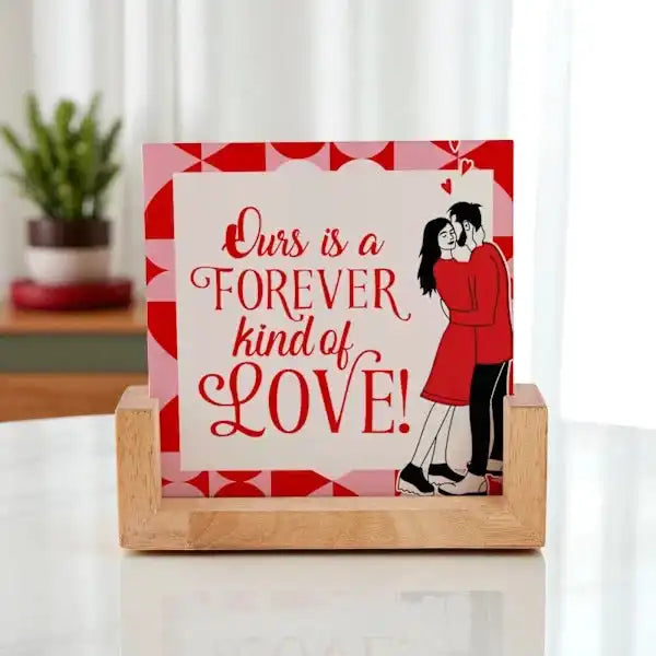 Sandwich Frame - Forever Love Frame with romantic quote and couple illustration in wood and acrylic, ideal for anniversary decor.