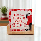 Sandwich Frame - Forever Love Frame with romantic quote and couple illustration in wood and acrylic, ideal for anniversary decor.