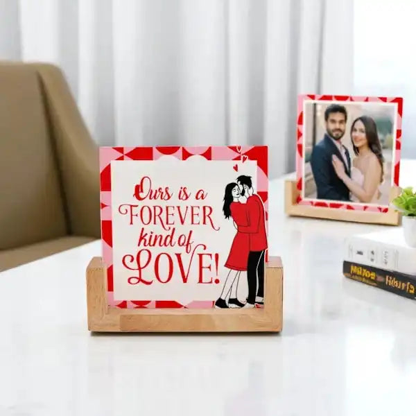 Forever Kind of Love Sandwich Frame set on table with romantic quote and personalized photo, ideal for home decor and anniversary gifts.