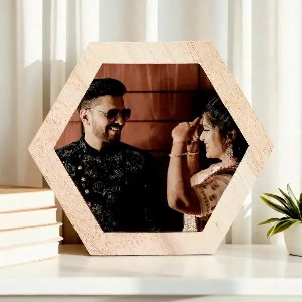 Hexagon wood photo frame from the Wedding Frame Set, showcasing a smiling couple, ideal for personalized wedding or anniversary photo gifts.