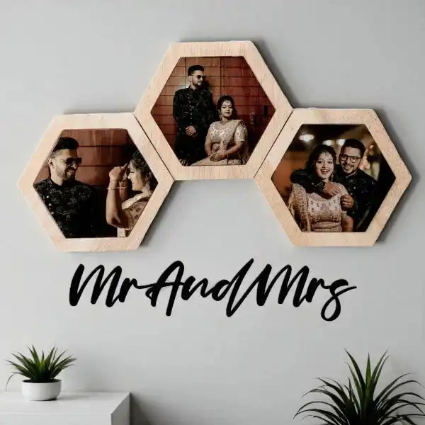 Wedding Frame Set - Personalized Wall Frames with three hexagon wood photo frames and black acrylic 'Mr. & Mrs.' decor, ideal for home decor.