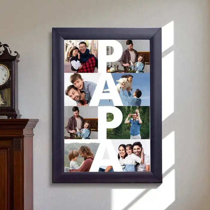 Father's Day poster frame with 'PAPA' text and family photos in black A4 frame, ideal personalized gift for dad or grandfather.