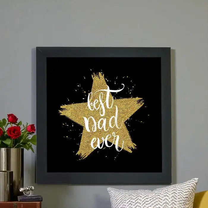 Customizable 'Best Dad Ever' poster frame with gold glitter star design, ideal Father's Day gift in black frame for home decor.