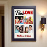 True Love Collage - Personalized Couple Frame with 4 photos and names, featuring a black A4 synthetic wood frame, ideal for romantic home decor.