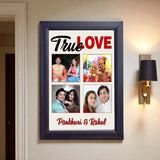 True Love Collage - Personalized Couple Frame with 4 photos and names, featuring a black A4 synthetic wood frame, ideal for romantic home decor.