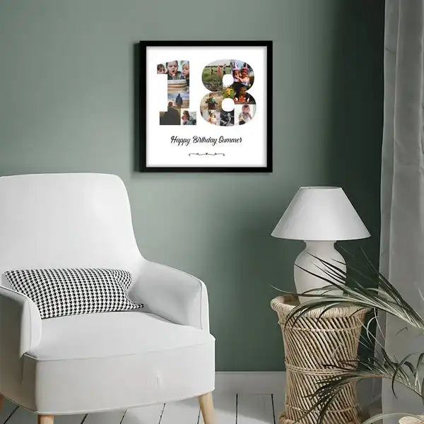Framed Milestone Number Photo Collage featuring '18' with personal photos and message, stylish wall art for birthdays or special events.