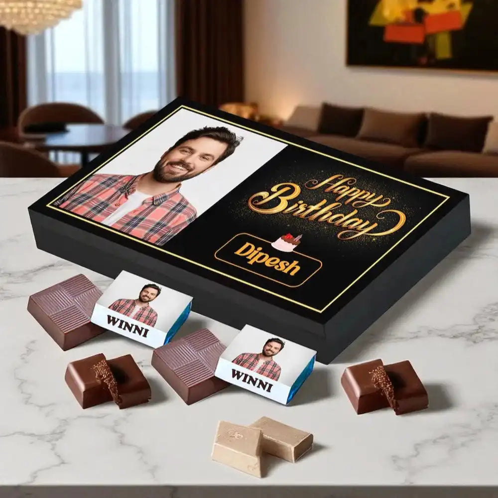 12pcs Birthday Chocolates - Personalized Gift Box with custom photo and name on wrappers, ideal for birthday celebrations and sweet gifting.