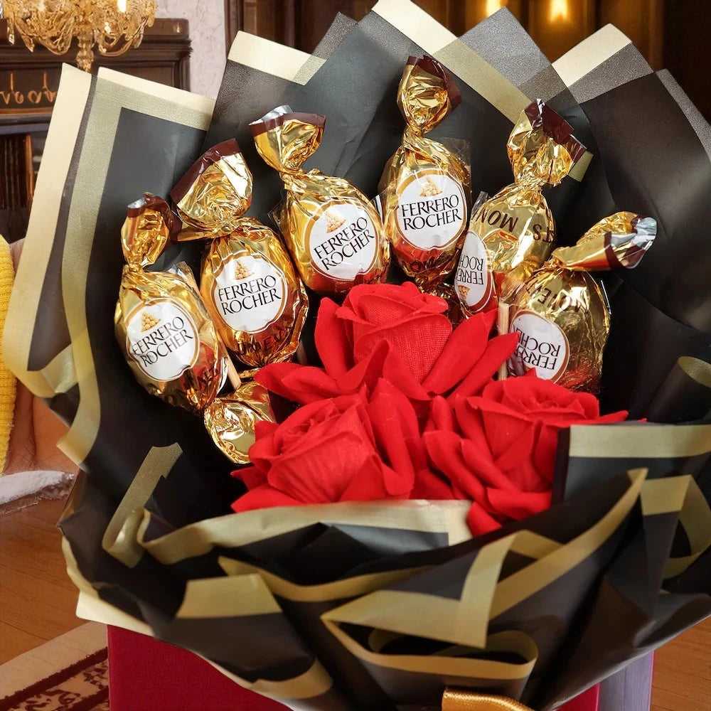 Close-up of Chocobliss Bouquet Gift showing Ferrero Rocher chocolates and red velvet roses. A stylish and sweet gift for anniversaries or birthdays.