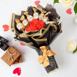 Chocobliss Bouquet Gift with Ferrero Rocher and roses on a white surface with hearts and roses. A romantic chocolate bouquet for gifting.