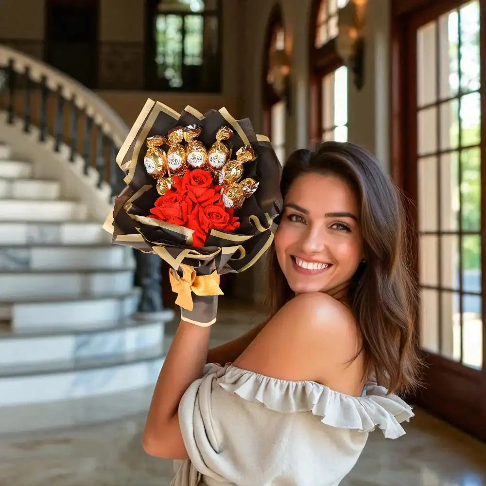 Chocobliss Bouquet Gift with Ferrero Rocher chocolates and red velvet roses held by smiling woman. Ideal for romantic or birthday gifting.