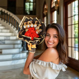 Chocobliss Bouquet Gift with Ferrero Rocher chocolates and red velvet roses held by smiling woman. Ideal for romantic or birthday gifting.