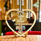Personalized Heart Shape Golden Frame with custom names and date, ideal for wedding gifts or anniversary decor, featuring photo slots and butterfly accents.