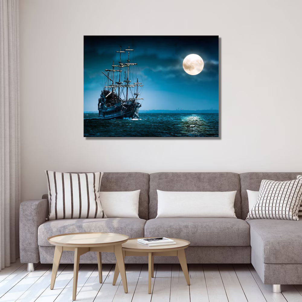 Daylight view of Gleaming Delight Night Glow Frame 12x16 featuring a detailed ship and moon scene, enhancing modern home and living spaces.