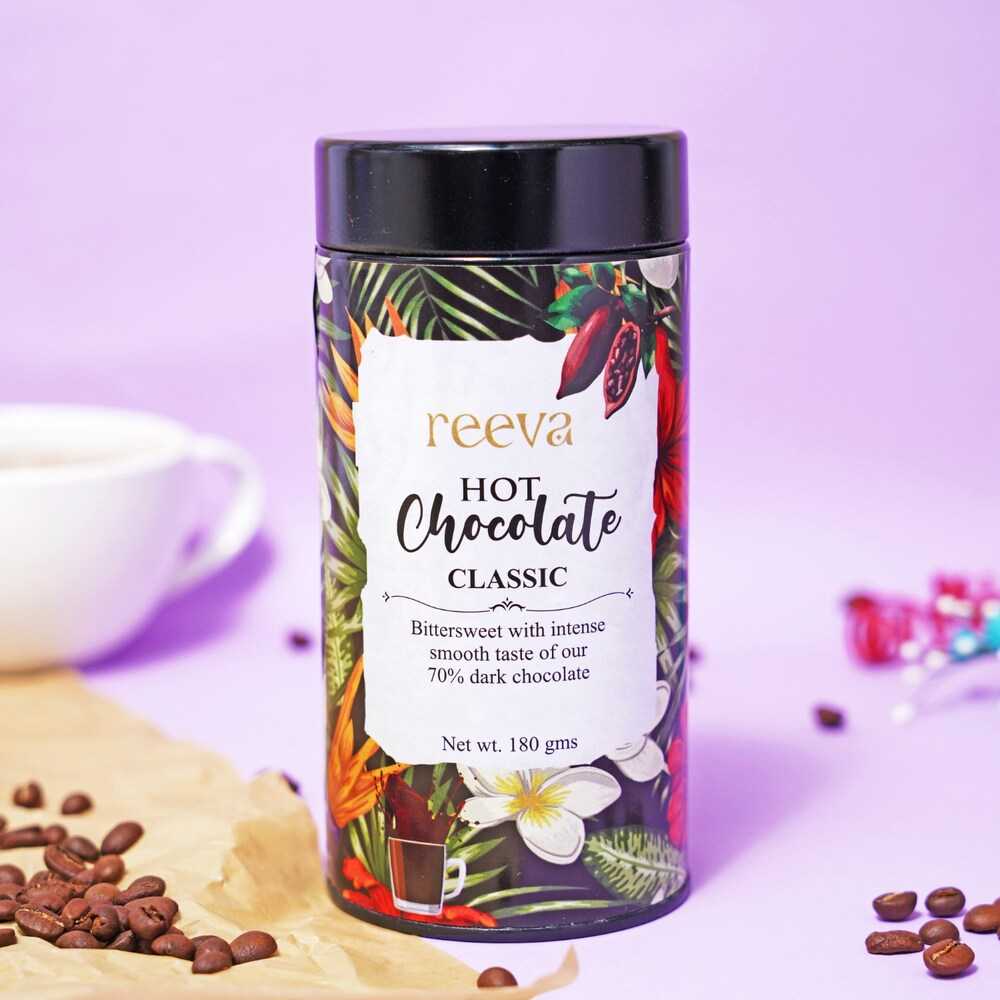 Reeva Hot Chocolate Classic tin with 70% dark chocolate from the Graceful Indulgence Hamper, ideal for luxury beverage lovers and festive gift baskets.