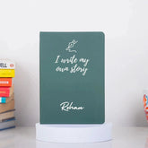 Storyteller’s Journal Personalized Diary in green with 'I write my own story' and custom name Rohan, ideal for planning workdays and tracking goals.