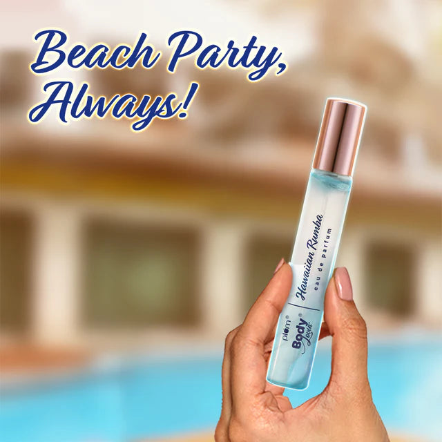 Hand holding Hawaiian Rumba Eau de Parfum 15ml with poolside background, promoting beach party-ready, energizing fragrance.