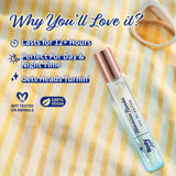 Hawaiian Rumba Eau de Parfum 15ml on striped fabric, emphasizing long-lasting, vegan, and versatile tropical fragrance.
