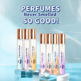 Lineup of Plum BodyLovin' Eau de Parfum 15ml bottles including Hawaiian Rumba, displayed on clear stands for gifting or travel.