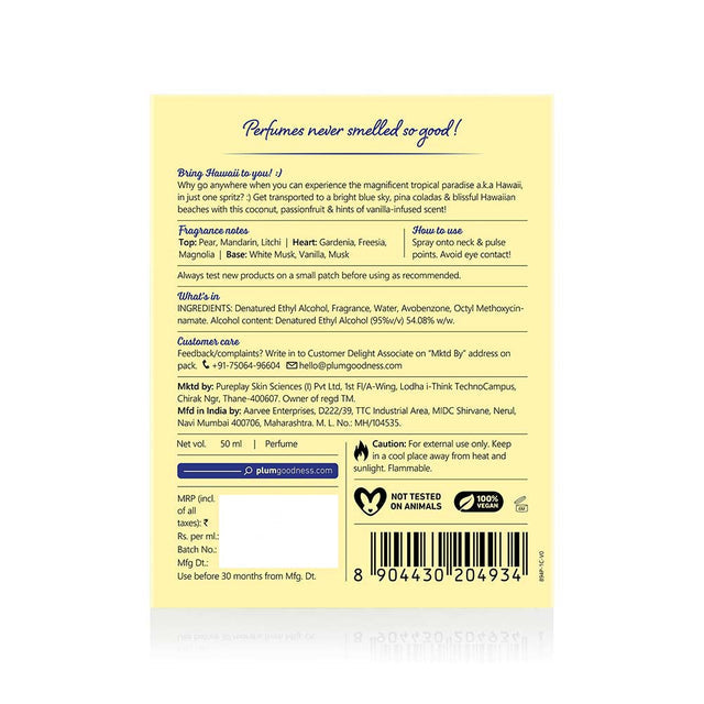 Back of Hawaiian Rumba Eau de Parfum 15ml box with fragrance notes, ingredients, and product details for fresh island-inspired scent.