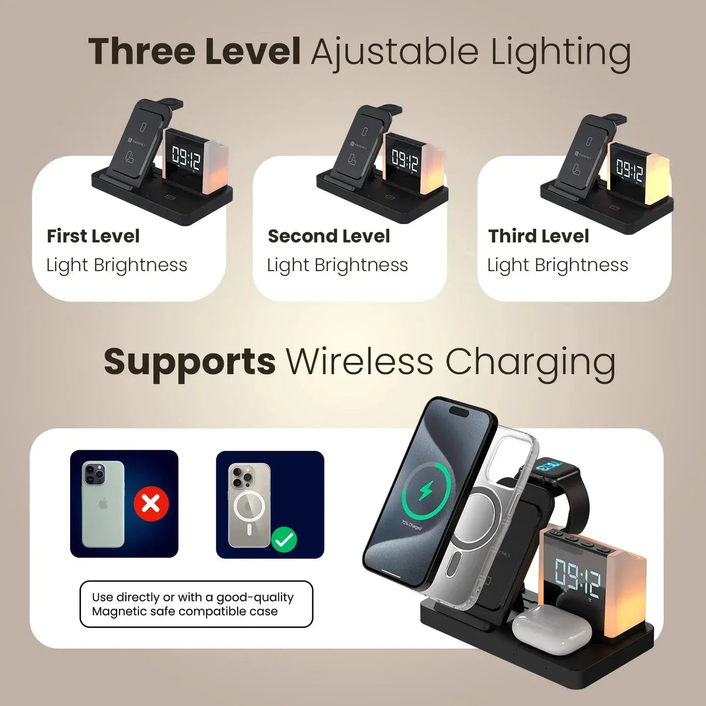 Multi-device charging station with adjustable lighting and wireless charging capabilities.