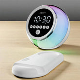 Digital clock with RGB lighting on a wooden surface