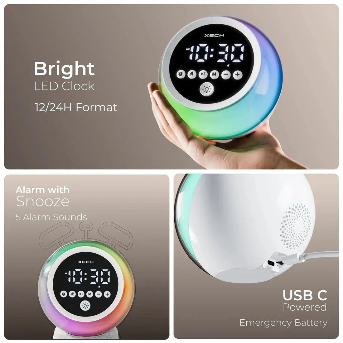 Colorful LED clock with digital display, held in a hand, on a gray background.