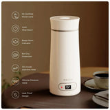 White electric kettle with features listed on a brown background