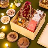 Eternal Elegance Diwali Gift Hamper featuring choco-coated almonds, cookies, candle, and dry fruits, perfect for employee gifts.