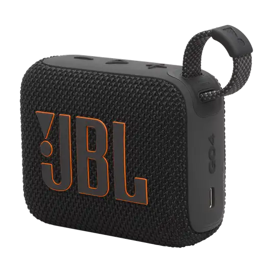 Angled view of black Eco-Friendly BT Speaker GO4 with visible control buttons and USB-C port, great for tech giveaways and bulk orders.