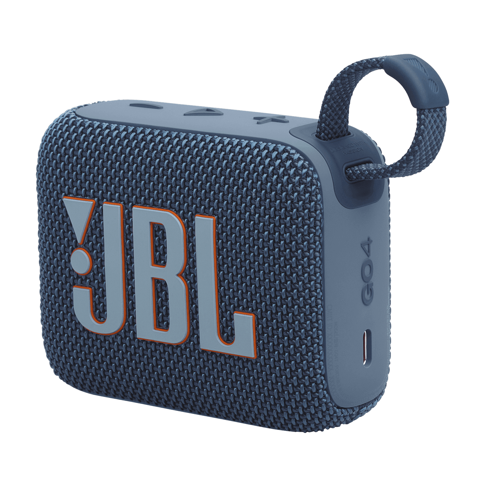 Angled front view of blue Eco-Friendly BT Speaker GO4 with JBL logo and loop strap, ideal for corporate and bulk tech gifts.