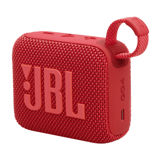 Angled view of red JBL GO4 Eco-Friendly BT Speaker with loop strap and compact design, perfect for sustainable tech gifting.