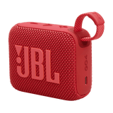 Angled view of red JBL GO4 Eco-Friendly BT Speaker with loop strap and compact design, perfect for sustainable tech gifting.