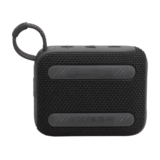 Back view of black JBL GO4 Eco-Friendly BT Speaker with anti-slip rubber strips, designed for portable use and eco-conscious corporate gifts.