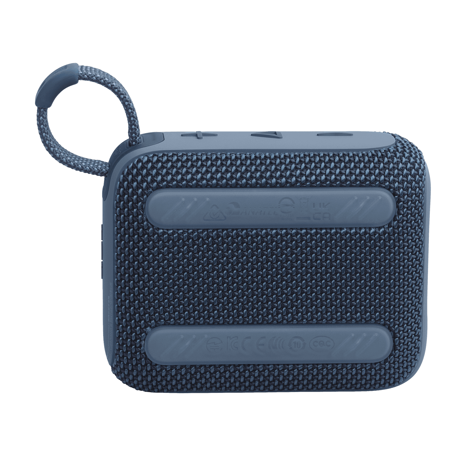 Back view of blue JBL GO4 Eco-Friendly BT Speaker with textured finish and rubber pads, designed for sustainable tech gifting.