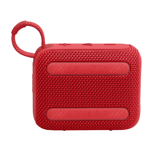 Back view of red JBL GO4 Eco-Friendly BT Speaker with anti-slip rubber pads, ideal for eco-conscious bulk gifting.