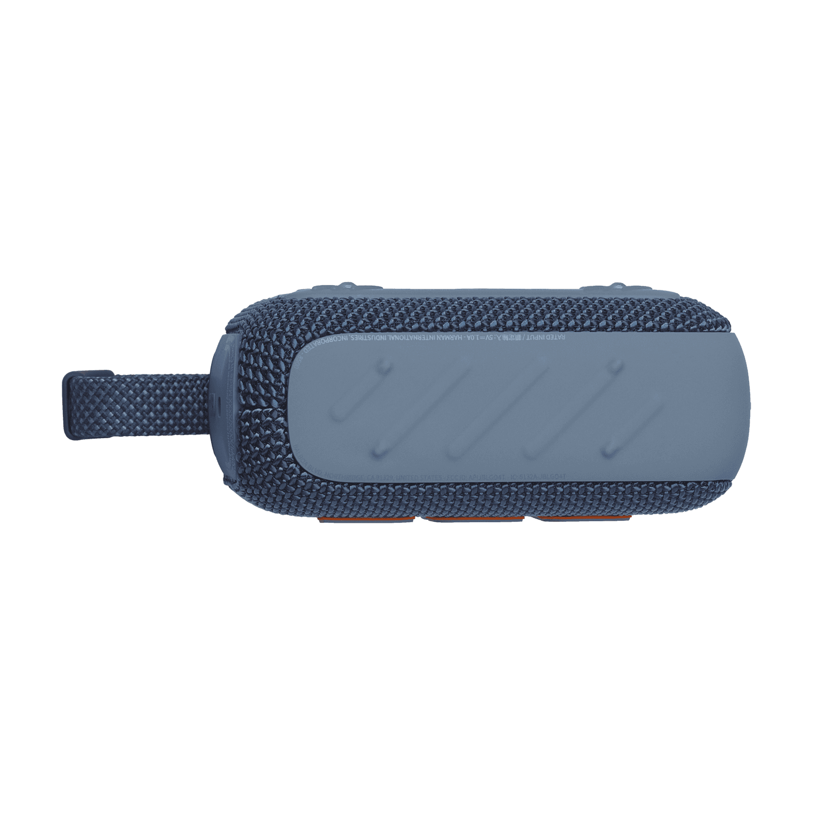 Bottom view of blue JBL GO4 Eco-Friendly BT Speaker with rubber base, designed for portable use and sustainable corporate gifts.