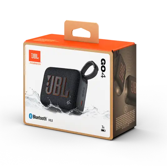 Retail packaging of JBL GO4 Eco-Friendly BT Speaker in black, Bluetooth 5.3, water-resistant, perfect for corporate and bulk tech gifts.