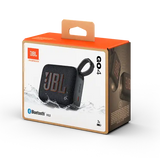 Retail packaging of JBL GO4 Eco-Friendly BT Speaker in black, Bluetooth 5.3, water-resistant, perfect for corporate and bulk tech gifts.