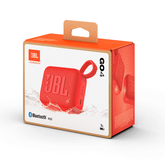 Retail packaging of red JBL GO4 Eco-Friendly BT Speaker with Bluetooth 5.3 and water resistance, great for corporate gifts.